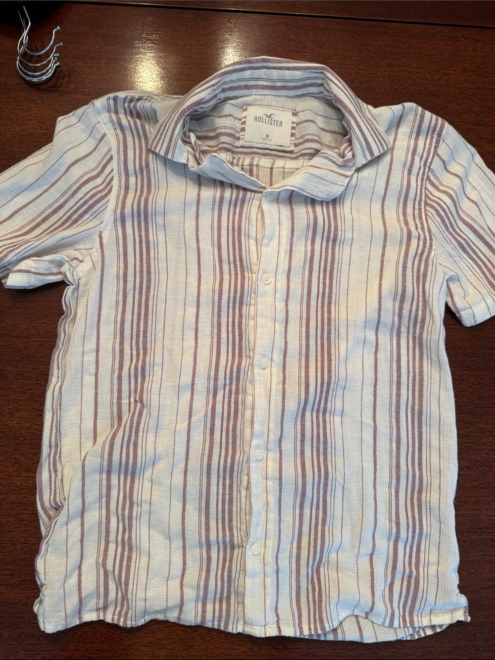Hollister Men’s' Short-Sleeve Striped Button-Up Shirt - Cream & Brown